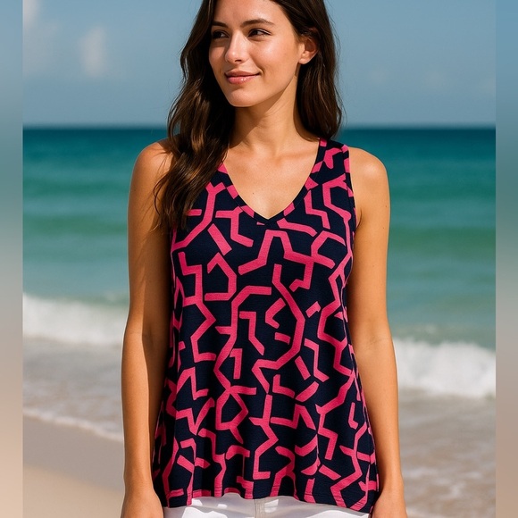 Tori Richard Tops - Tori Richard Honolulu Hawaii Pink Navy Sleeveless Small Stretch Shirt top Tank